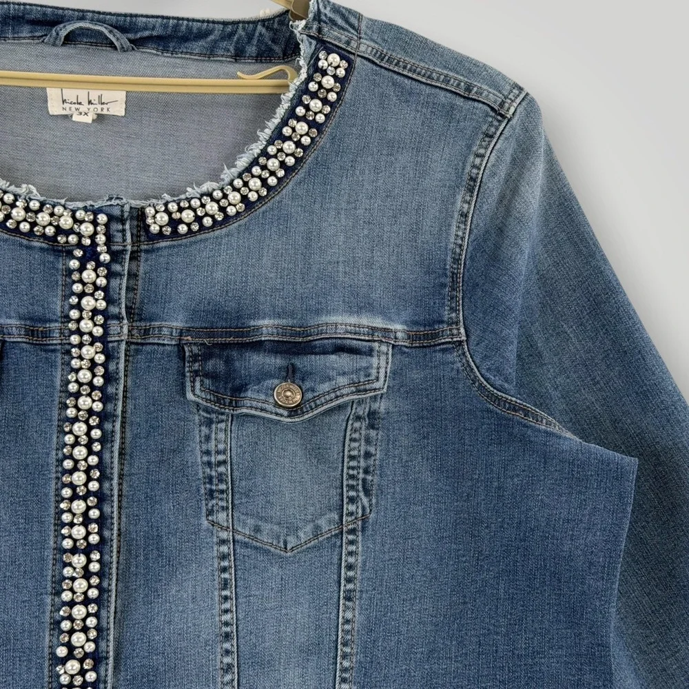 Nicole Miller Denim Jacket Womens‎ 3X Pearl Rhinestone Fringe Trim